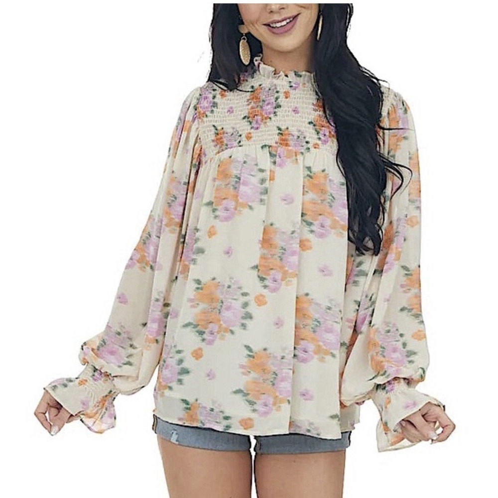 Entro Womens Blouse Size L Floral Ballon Sleeves Smocked Yoke‎ Lined Ruffles